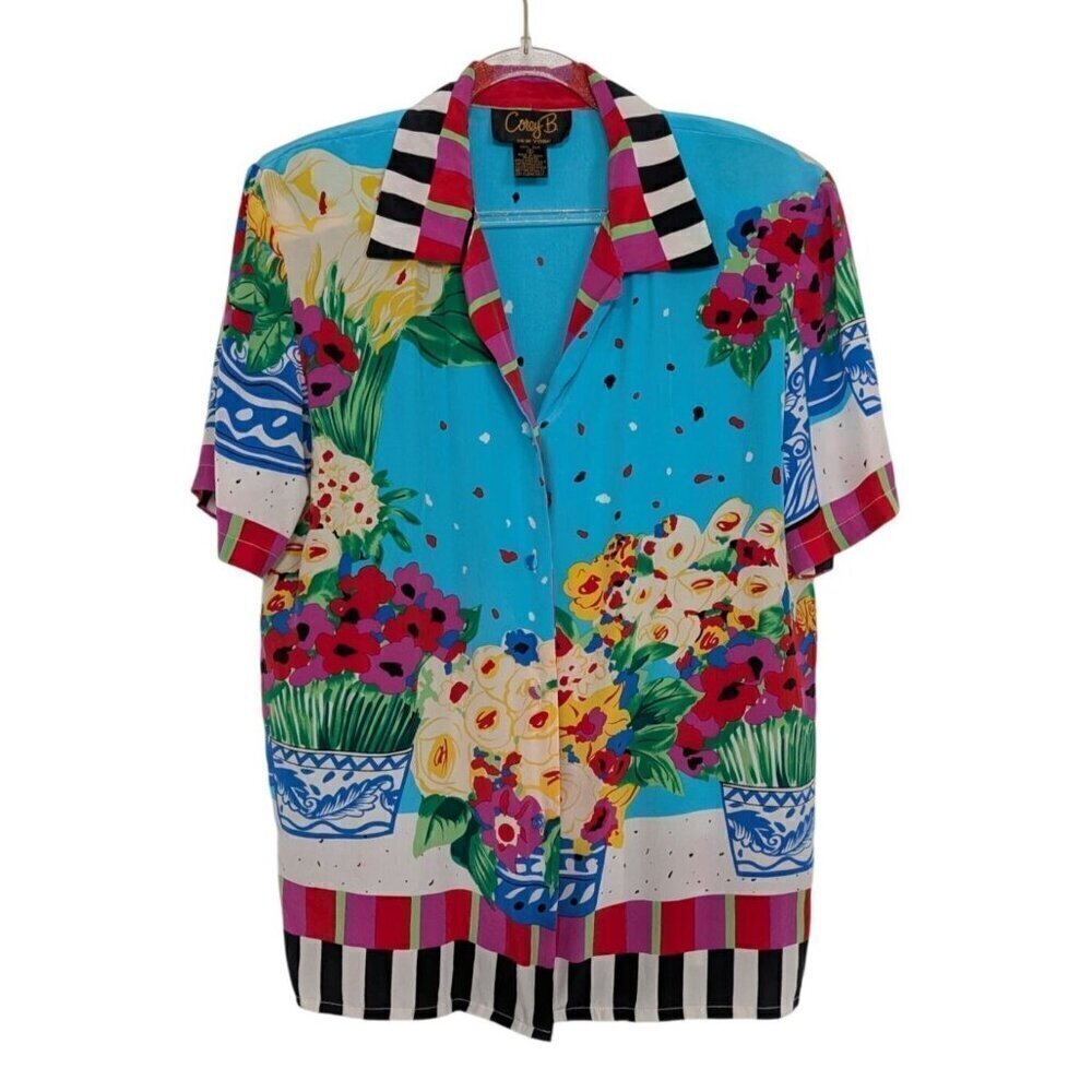 Corey B Silk Floral Shirt Womens Size 6 Blue Vintage Relaxed Short Sleeve Blouse